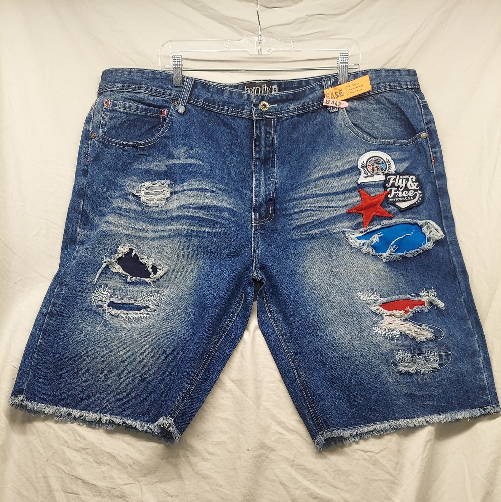 Born Fly Men's Denim Shorts Distressed Pockets Blue SZ 46 star fly & free baggy